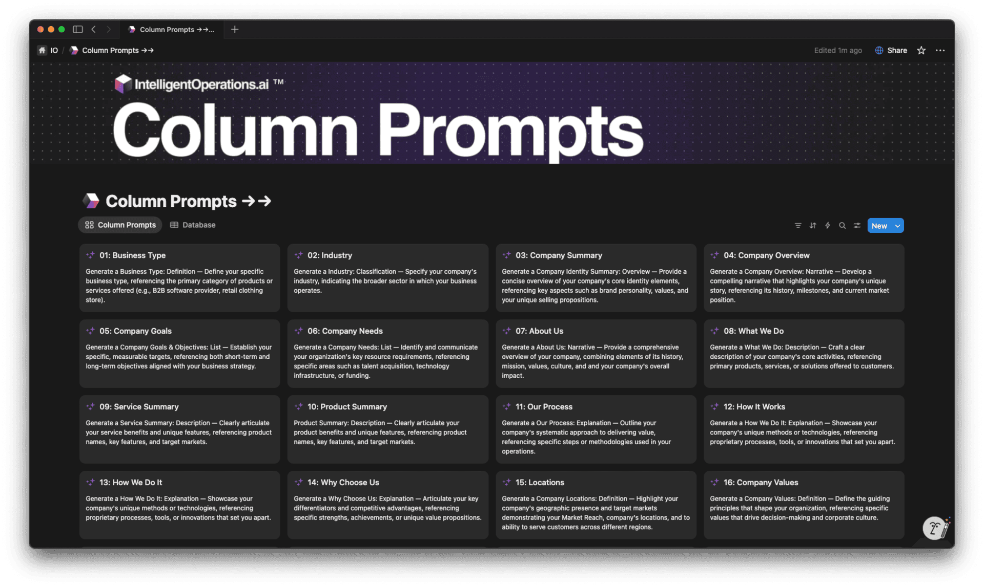 Column Prompts gallery showing AI-powered prompt cards