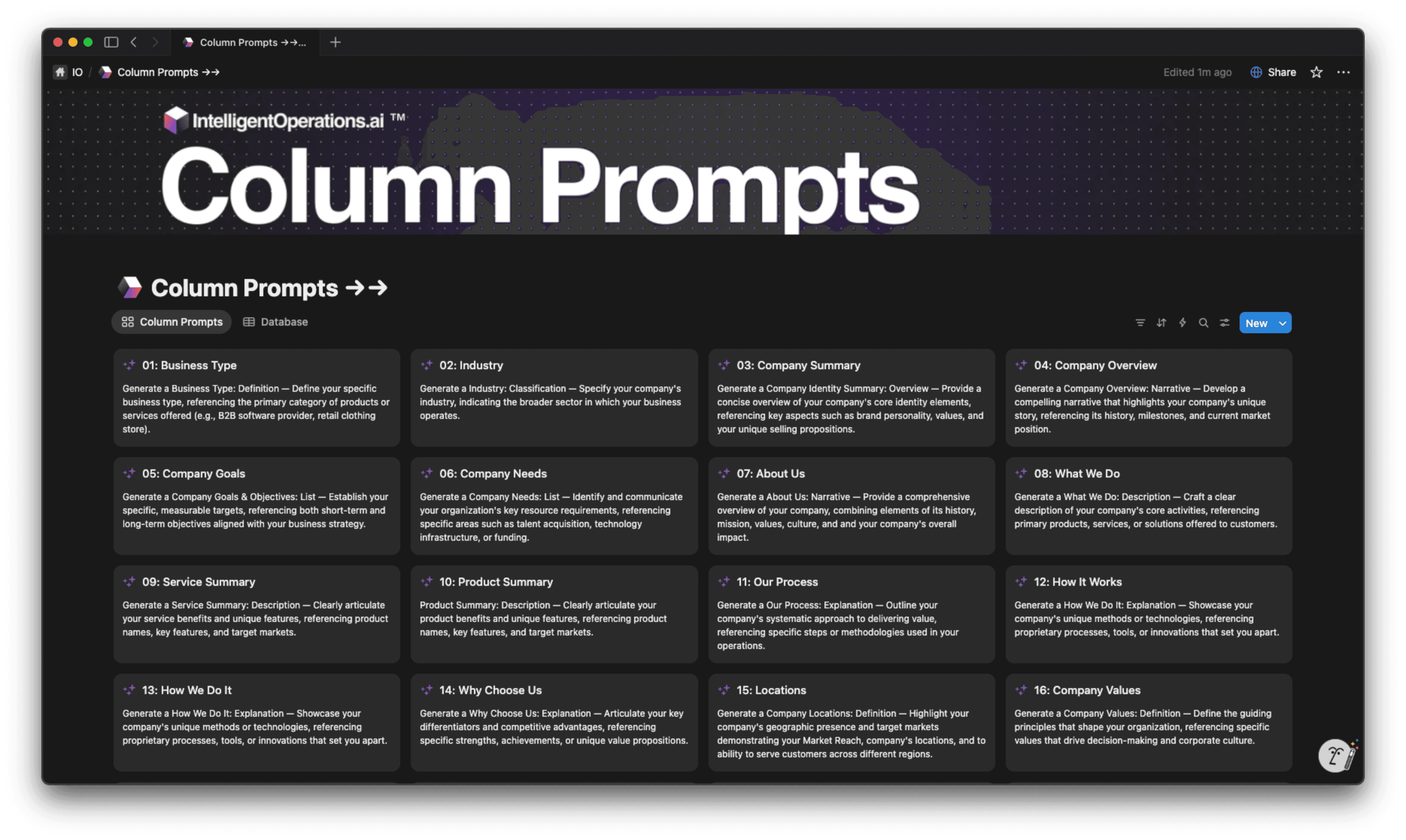 Column Prompts gallery showing AI-powered prompt cards