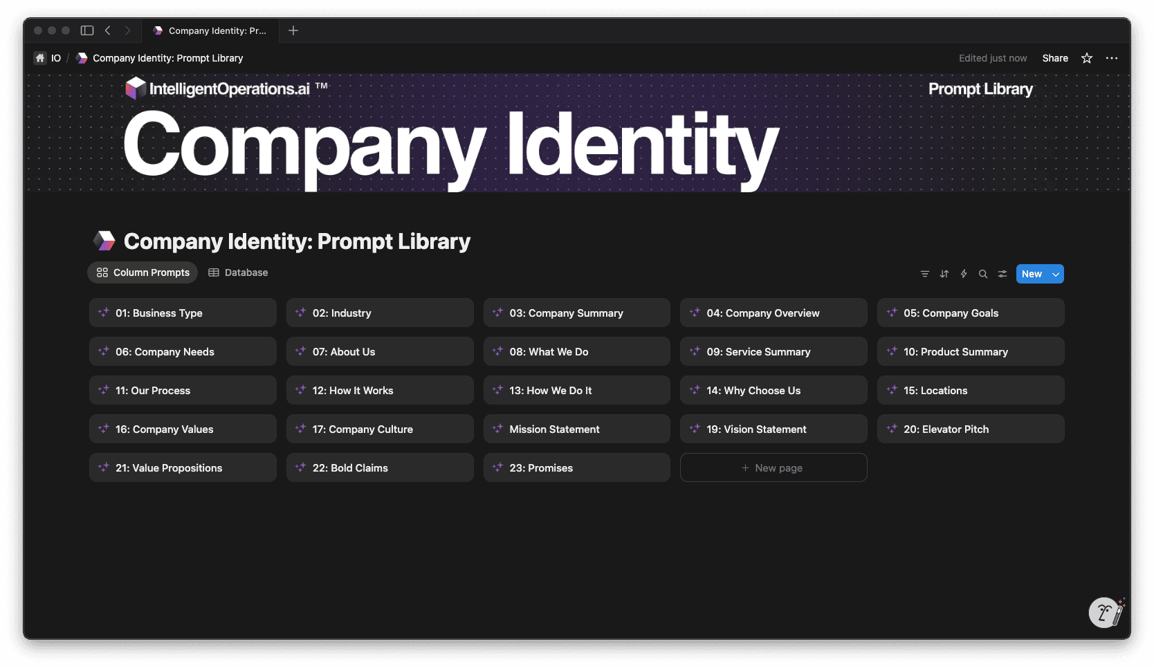 Company Identity Prompt Library — Notion database overview