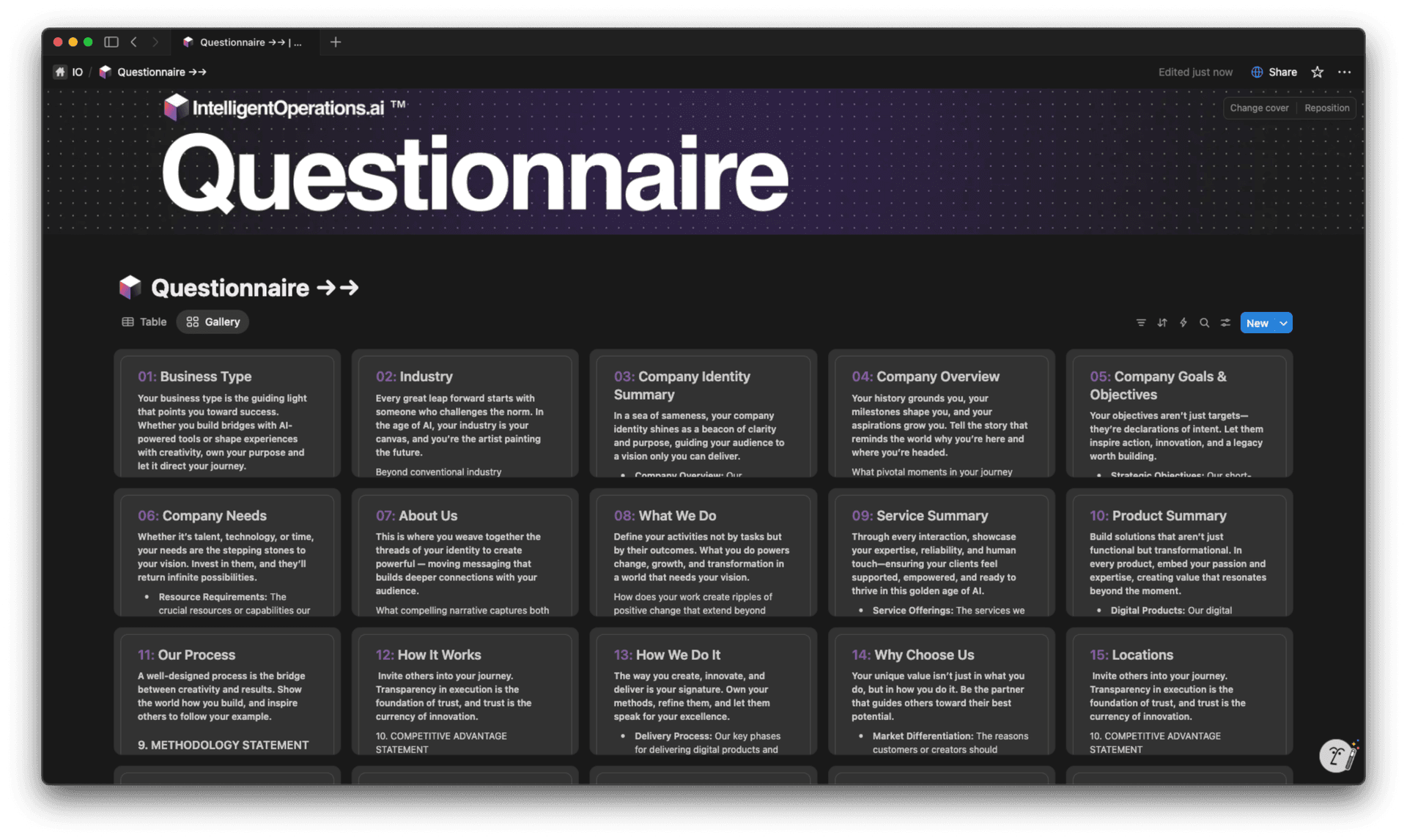 Questionnaire gallery view with 23 guided sections