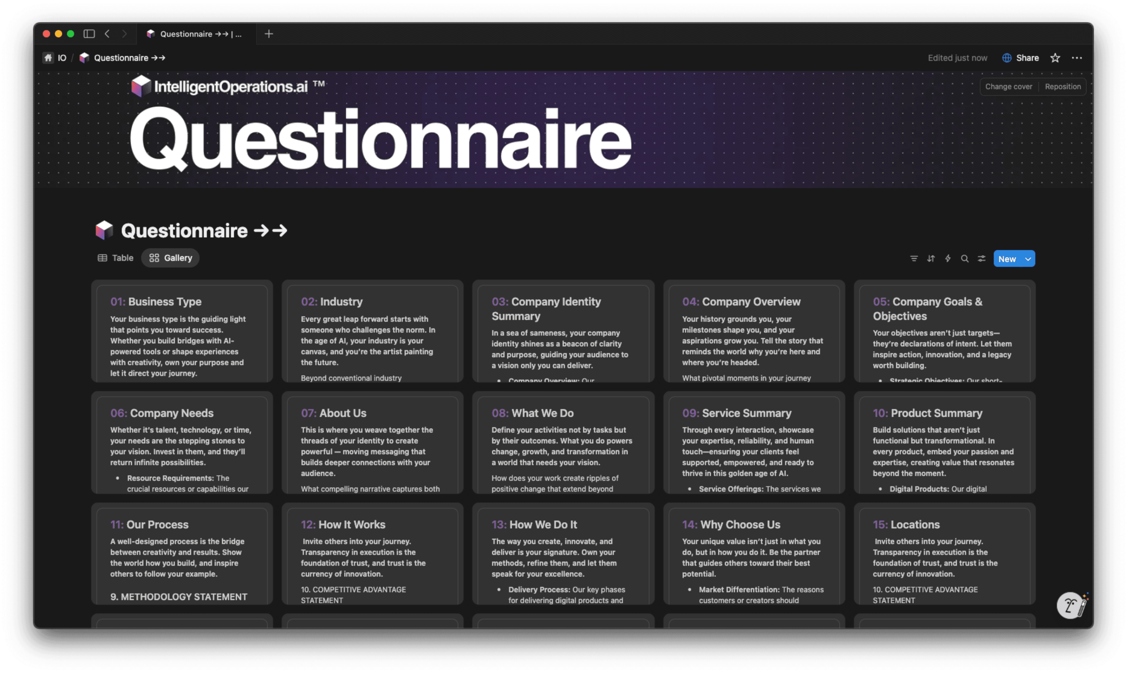 Questionnaire gallery view with 23 guided sections